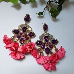 Beautiful  Oversize Flower Purple Rhinestone Earrings